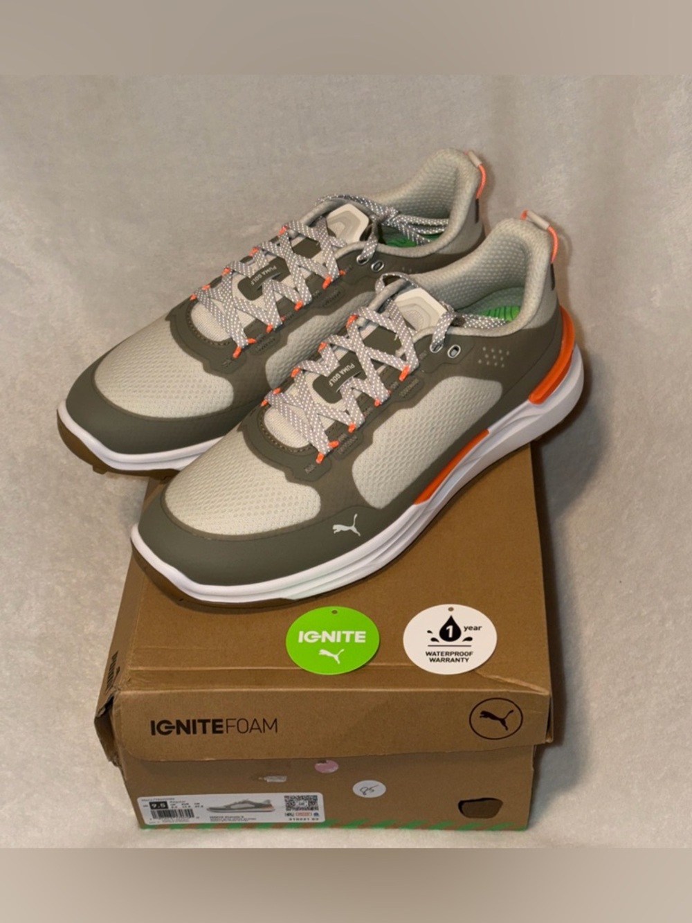 PUMA IGNITE ELEVATE X Spikeless Golf Shoes Men 9.5 Gray Velvet Moss Fluro Orange